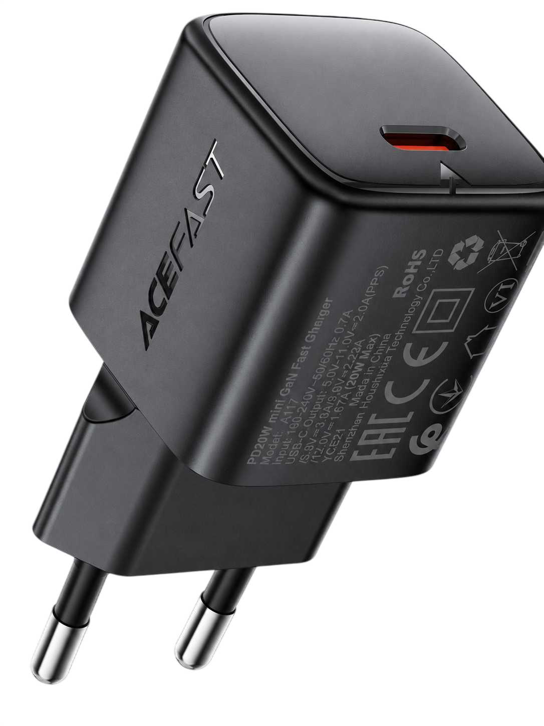 Сетевое зарядное устройство AceFast A117 PD20W mini GaN USB-C fast charger Black (6974316284987)